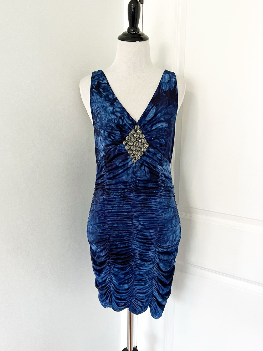 Vintage Y2K Blue Ruched V-Neck Embellished Mini Dress - Medium